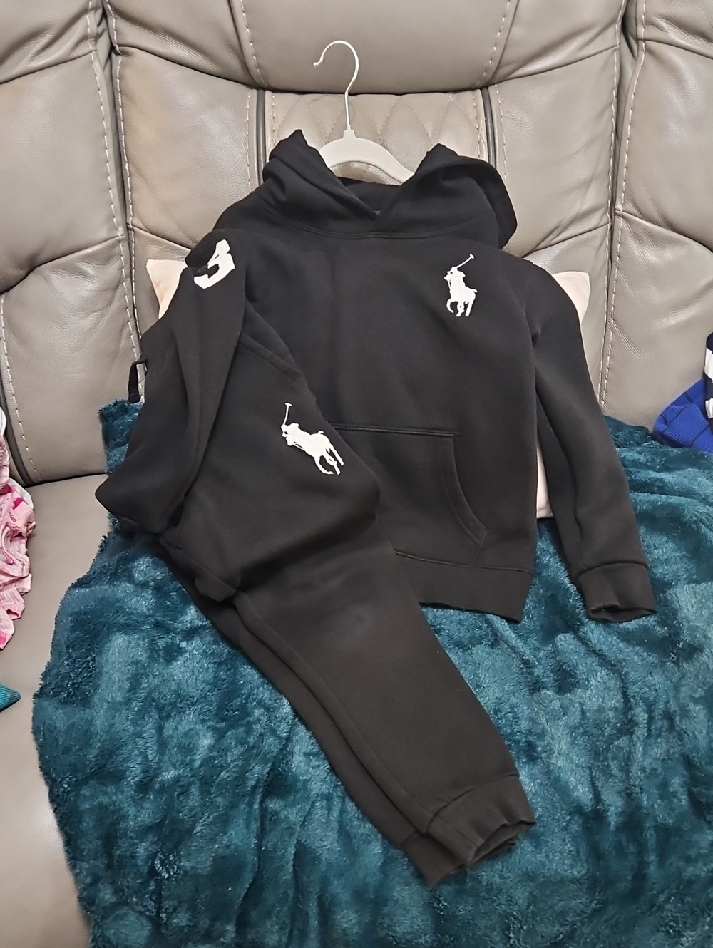 Ralph Lauren Black Kids Hoodie & Sweatpants Set with White Polo Logos